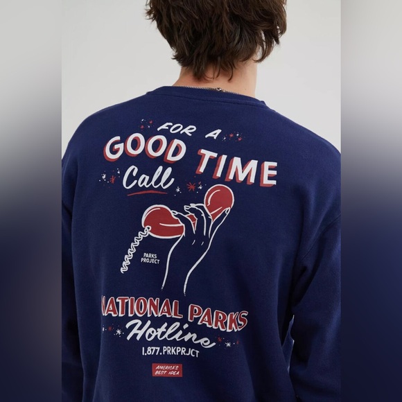 PARKS PROJECT Sweatshirt M FOR GOOD TIME CALL Graphic Long Sleeve Navy UO NWT - Picture 2 of 6